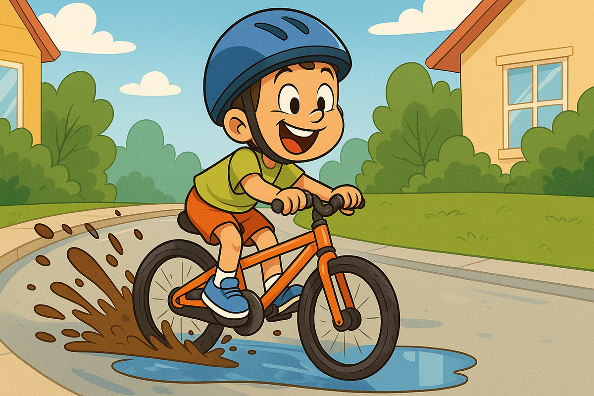 子どもが自転車に乗って泥をはねている