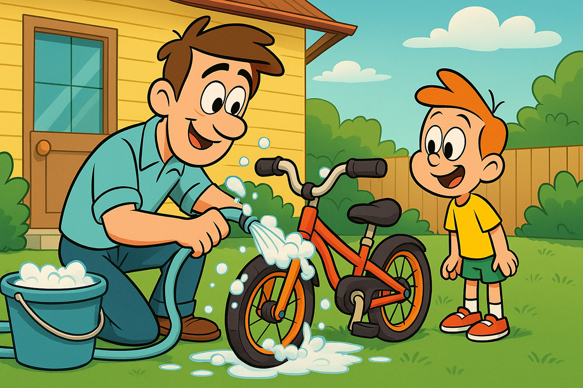 子供用自転車（キッズバイク）を洗う親子