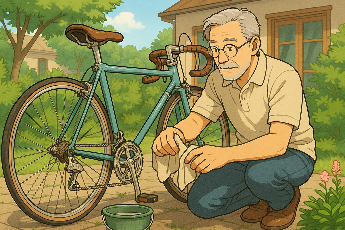 ヴィンテージバイクのメンテナンスをする男性