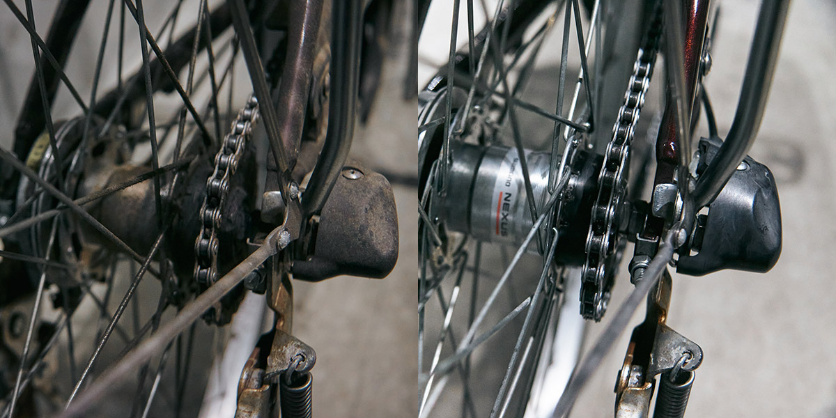 汚れたローラーブレーキ（左）とプロの洗車でピカピカになった様子（右）の比較画像